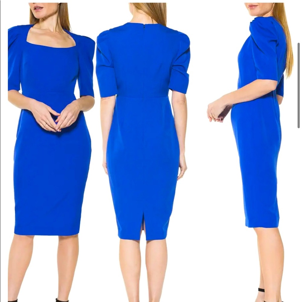 ALEXIA ADMOR Cobalt Blue Meghan Puff Sleeve Sheath Midi Dress Size 6